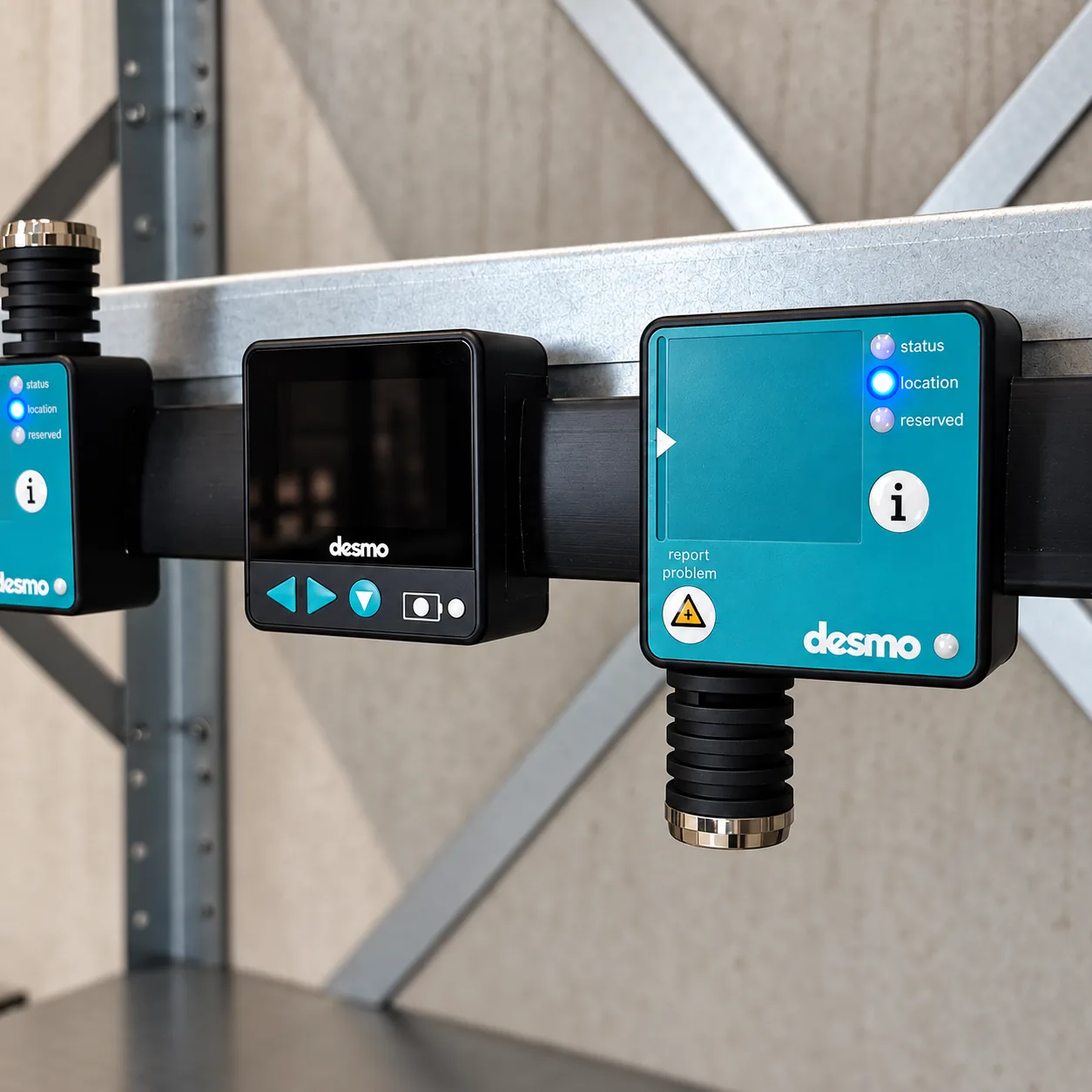 DESMO-connector met statuslampjes, fotovenster en info- en defectknop